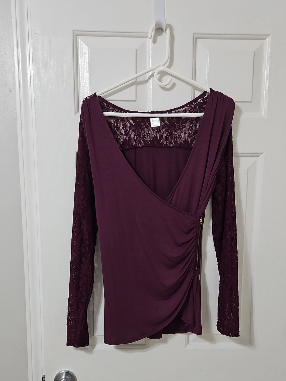 VENUS Deep Plum Lace-Sleeve Wrap Top